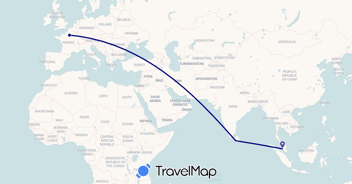 TravelMap itinerary: driving in France, Sri Lanka, Malaysia (Asia, Europe)